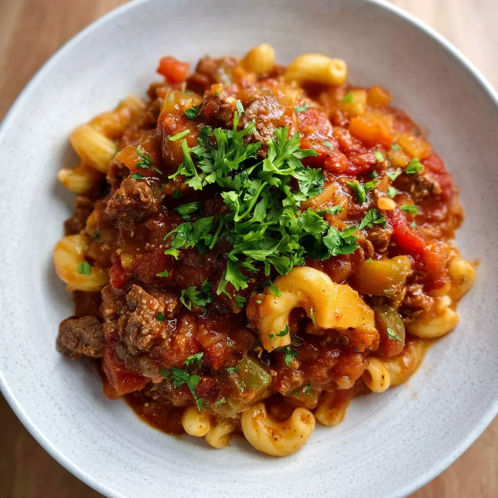 A bowl of slow cooker goulash with macaroni and cheese.