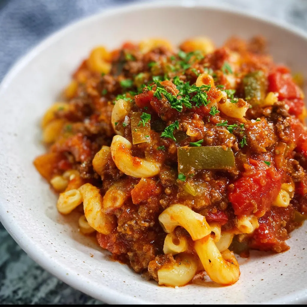A bowl of slow cooker goulash with pasta and vegetables.