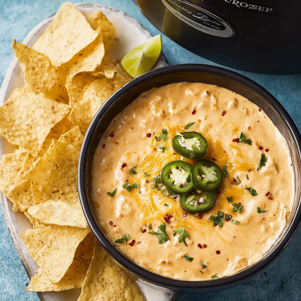 A bowl of spicy slow cooker queso with chips.