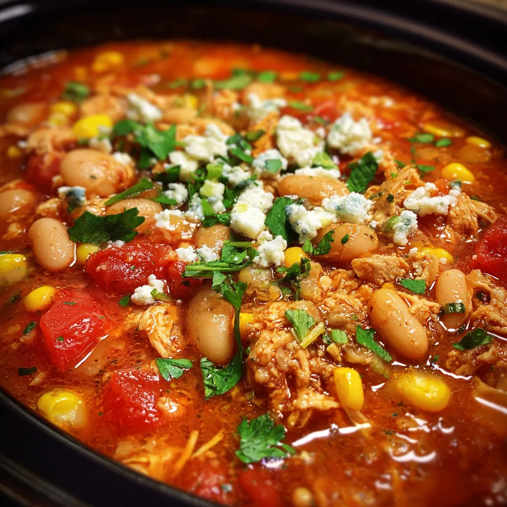A slow cooker filled with chicken, beans, corn, and tomatoes.