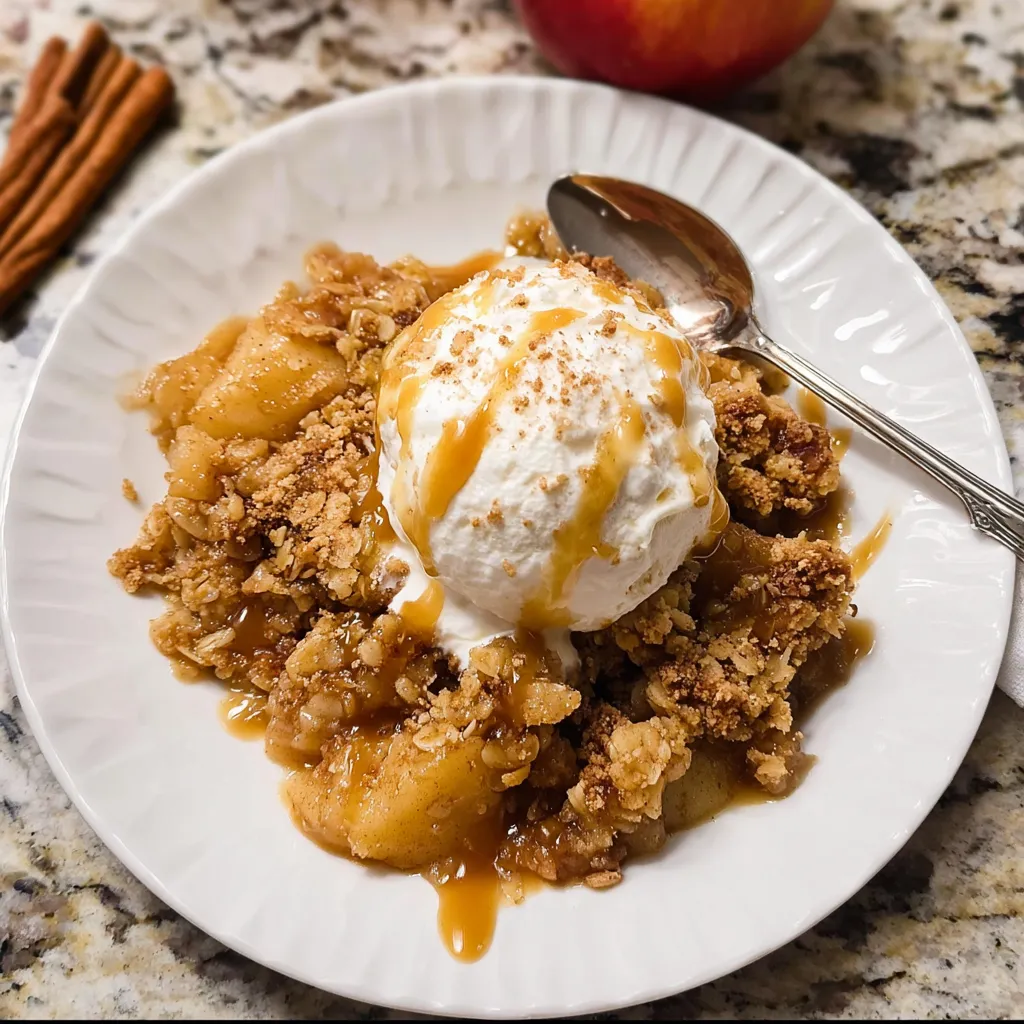 A plate of apple crisp with a scoop of ice cream on top.