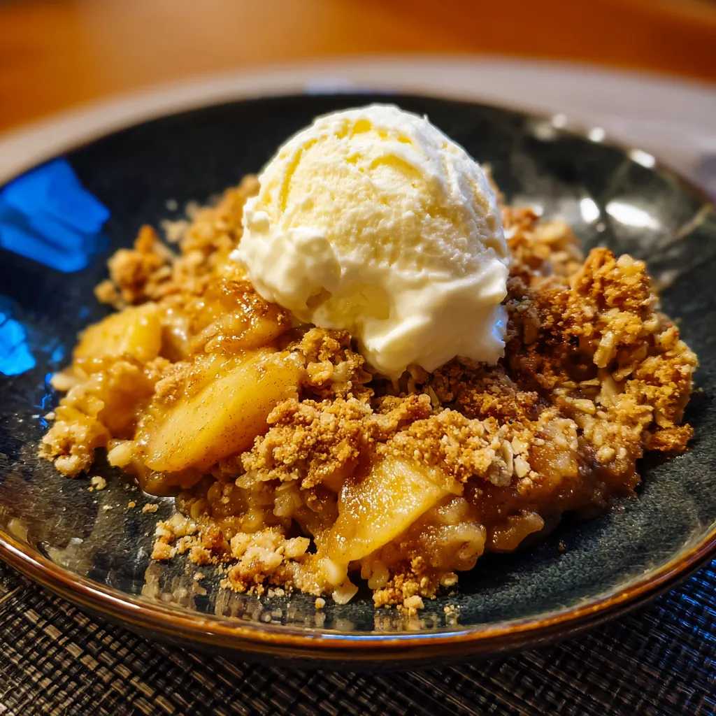 A bowl of apple crisp with a scoop of ice cream on top.