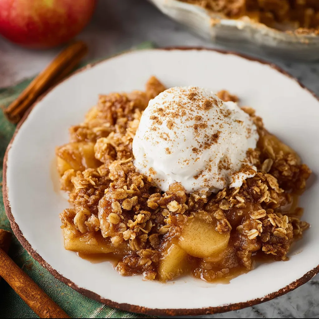 A plate of apple crisp with a dollop of whipped cream on top.