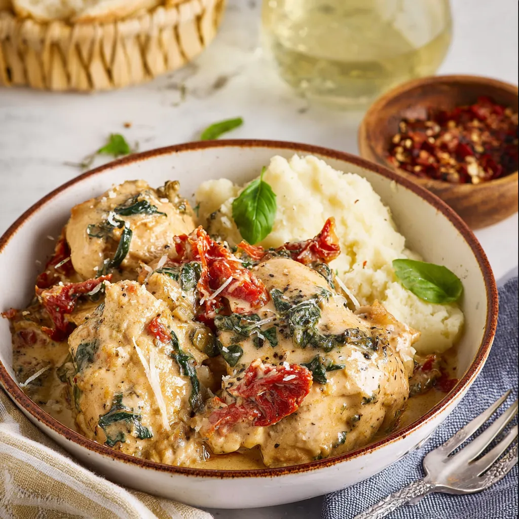 A plate of food with chicken and potatoes.