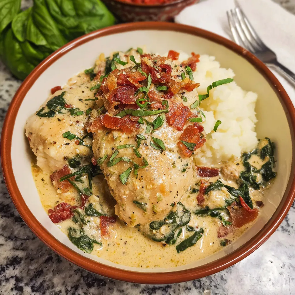 A bowl of chicken with bacon and spinach.