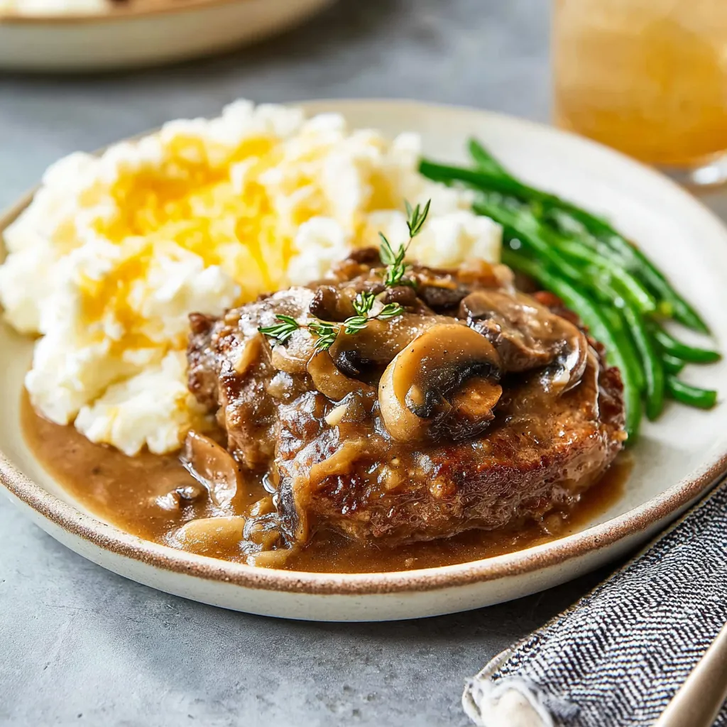 A plate of food with mushrooms and green beans.
