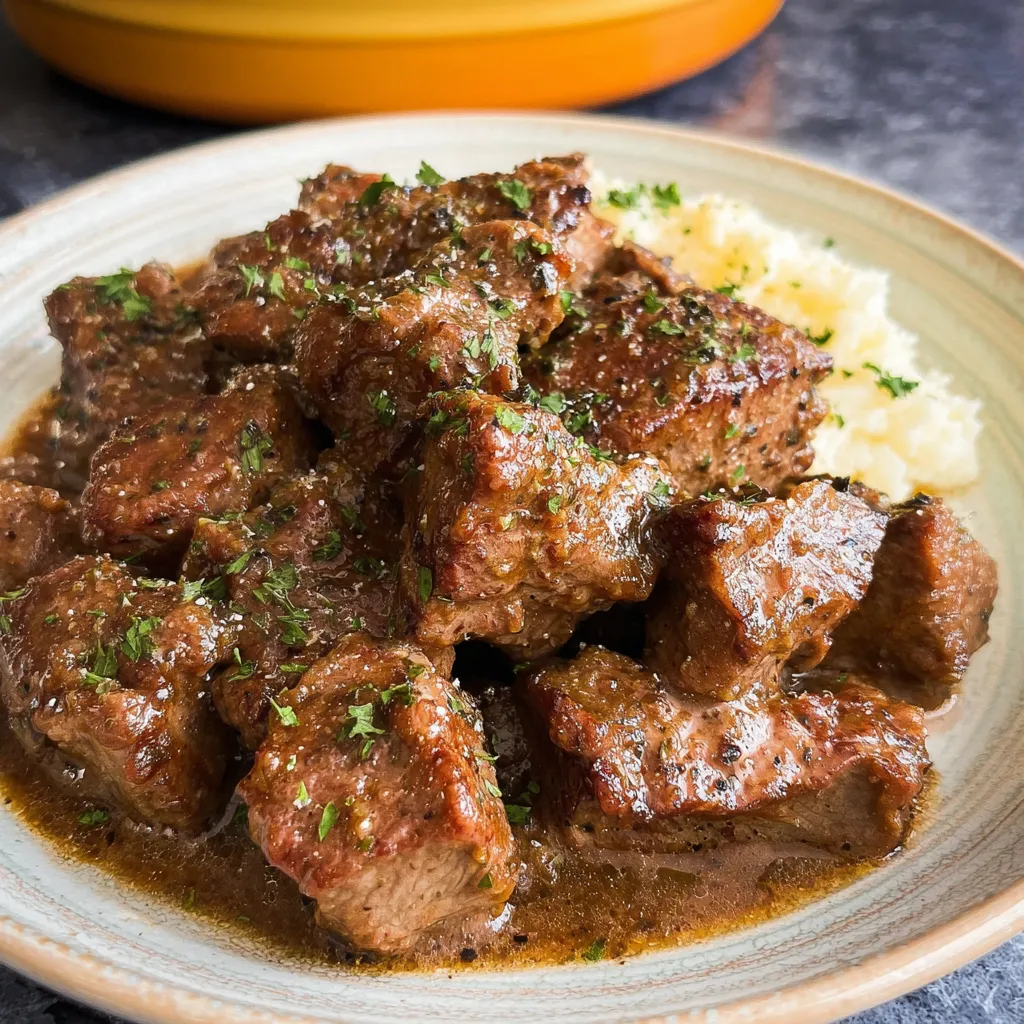 A plate of steak bites with gravy.