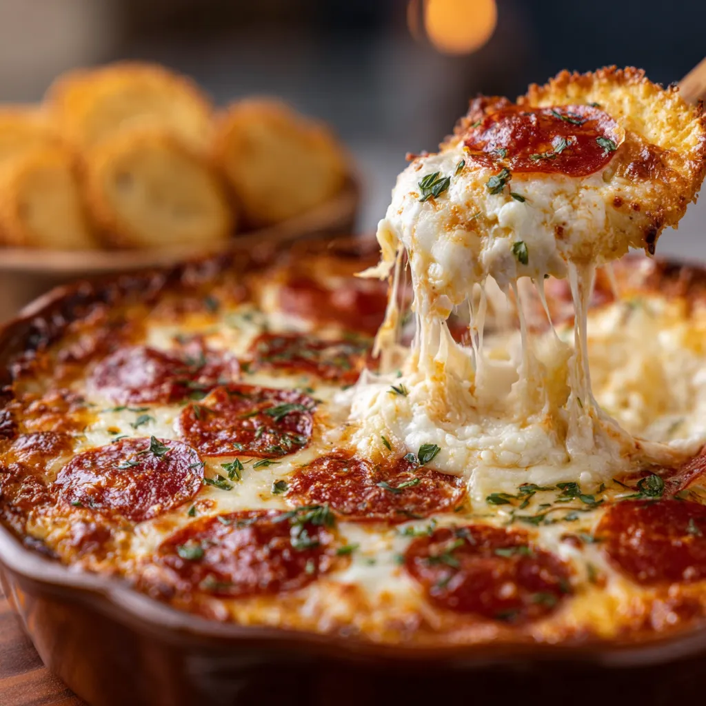 A pizza dip is being served.