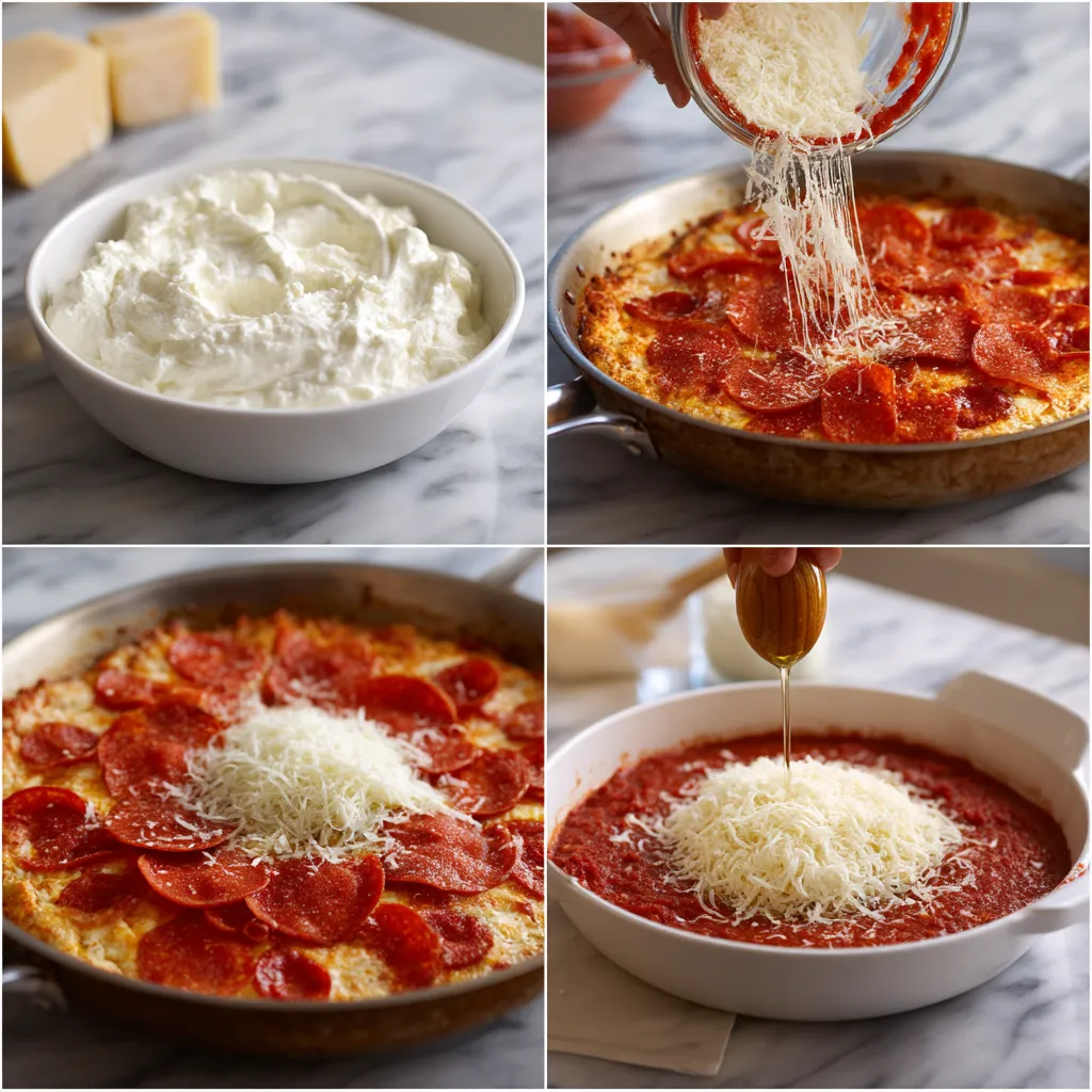 A series of images showing the process of making a pizza dip.