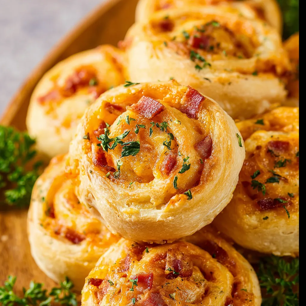 Bacon and cheese pinwheels on a wooden platter.