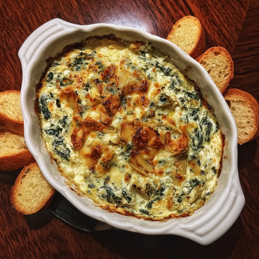 A bowl of spinach artichoke dip with roasted garlic.