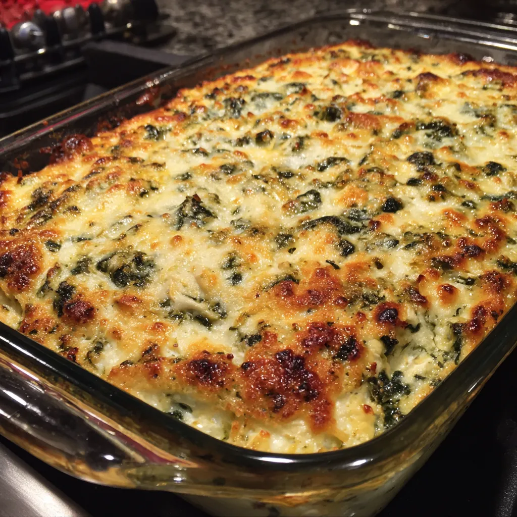 A pan of spinach artichoke dip with roasted garlic.