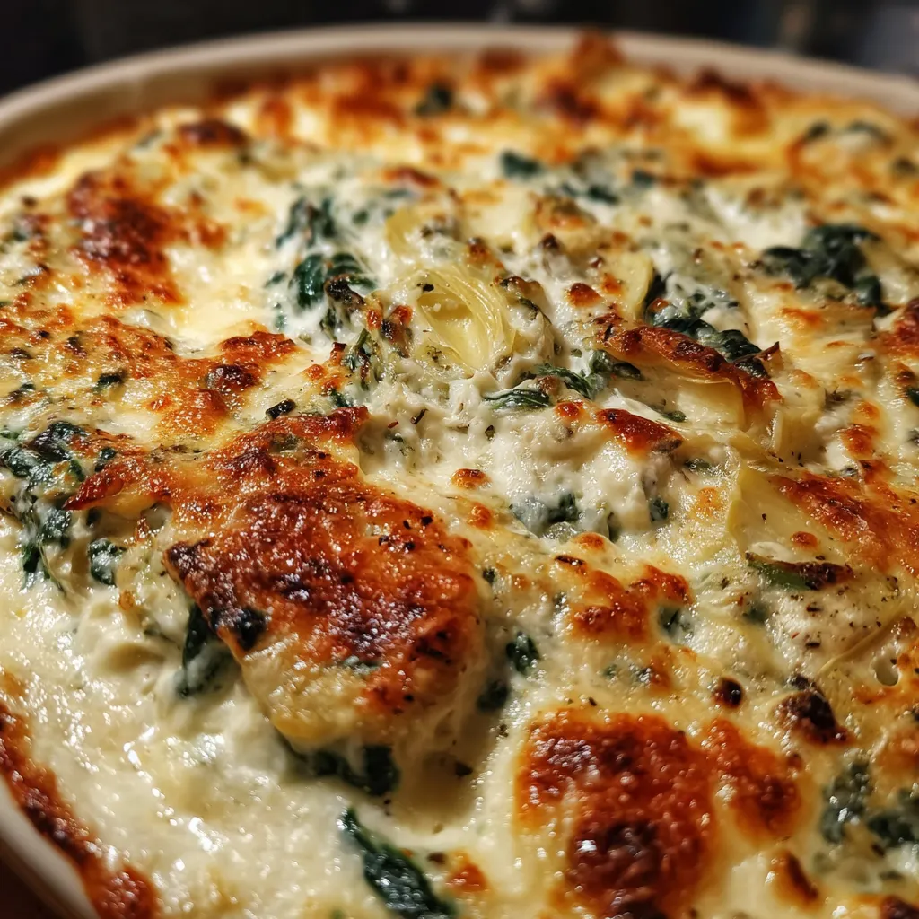 A close up of a spinach artichoke dip with roasted garlic.