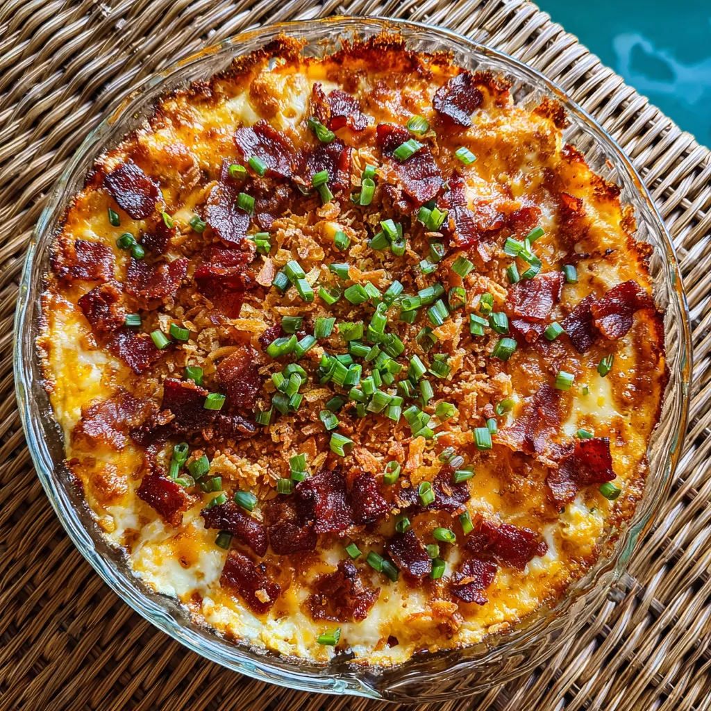 A glass bowl filled with a baked bacon cheese dip.