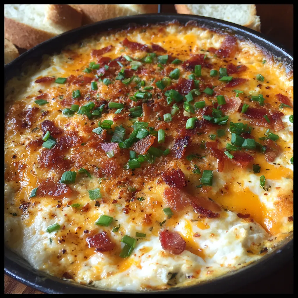 A baked bacon cheese dip with green onions.