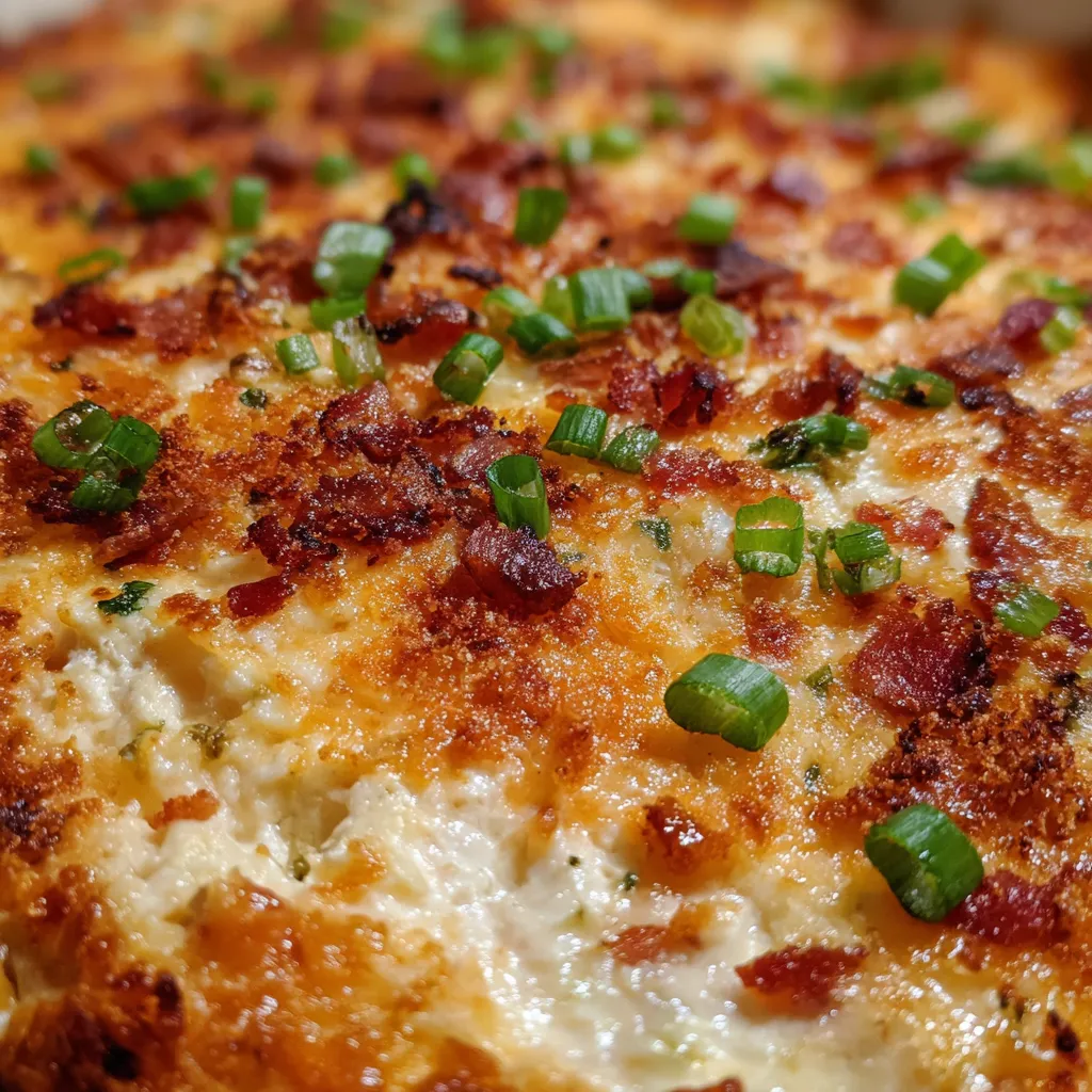 A close up of a baked bacon cheese dip.