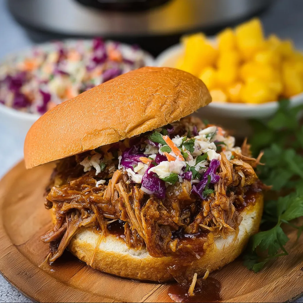A sandwich with pulled pork and coleslaw.