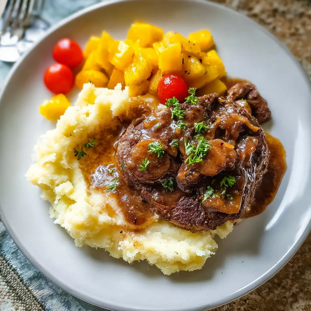 A plate of food with mashed potatoes, meat, and vegetables.
