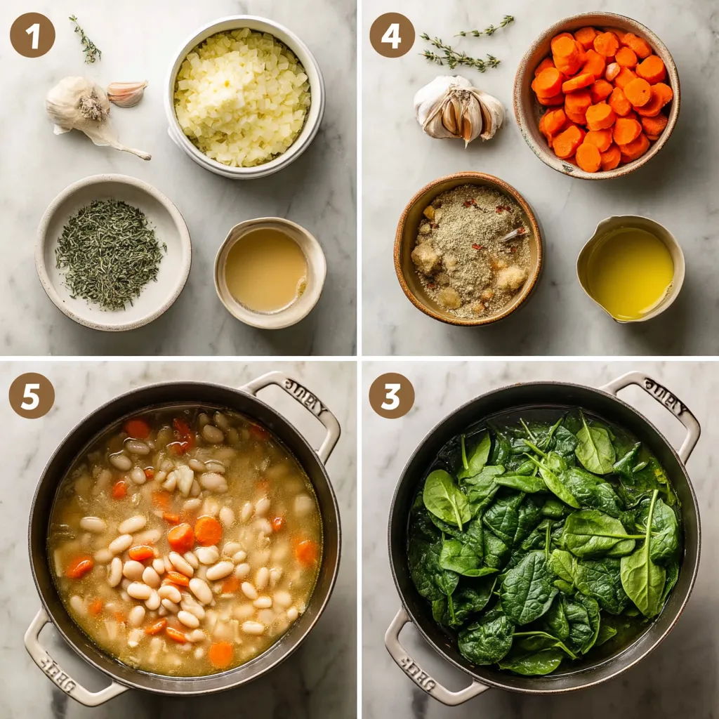 A series of images showing the process of making a slow cooker white bean soup.