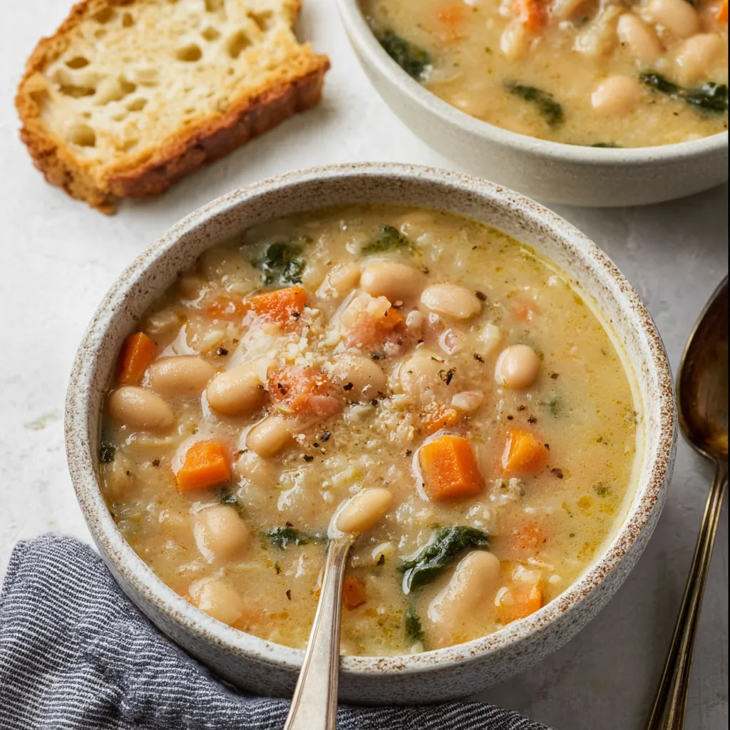 A bowl of soup with carrots and beans.