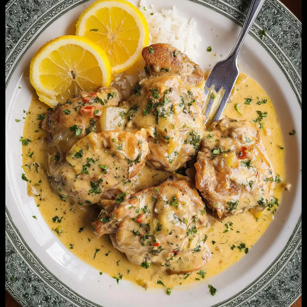 Chicken thighs with a creamy lemon sauce.