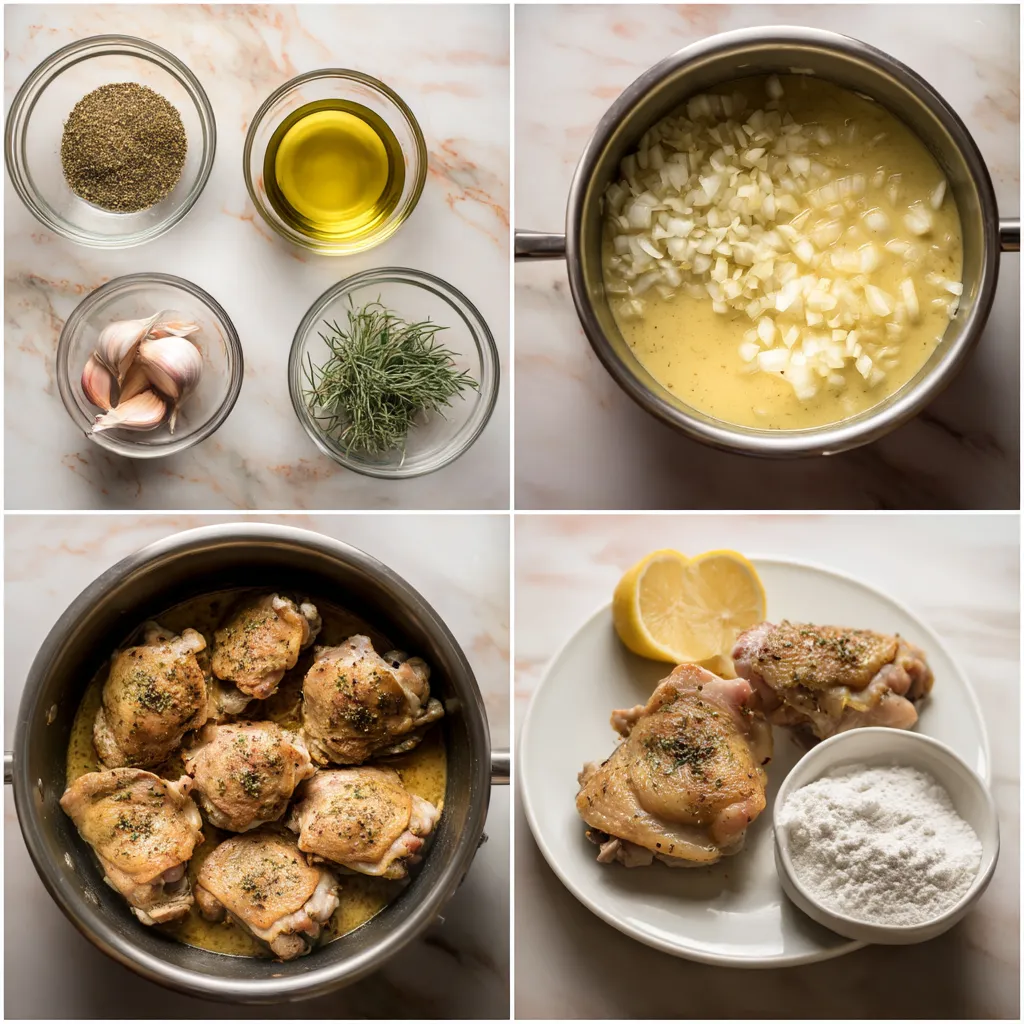 A collage of images showing the process of cooking chicken thighs with a creamy lemon sauce.