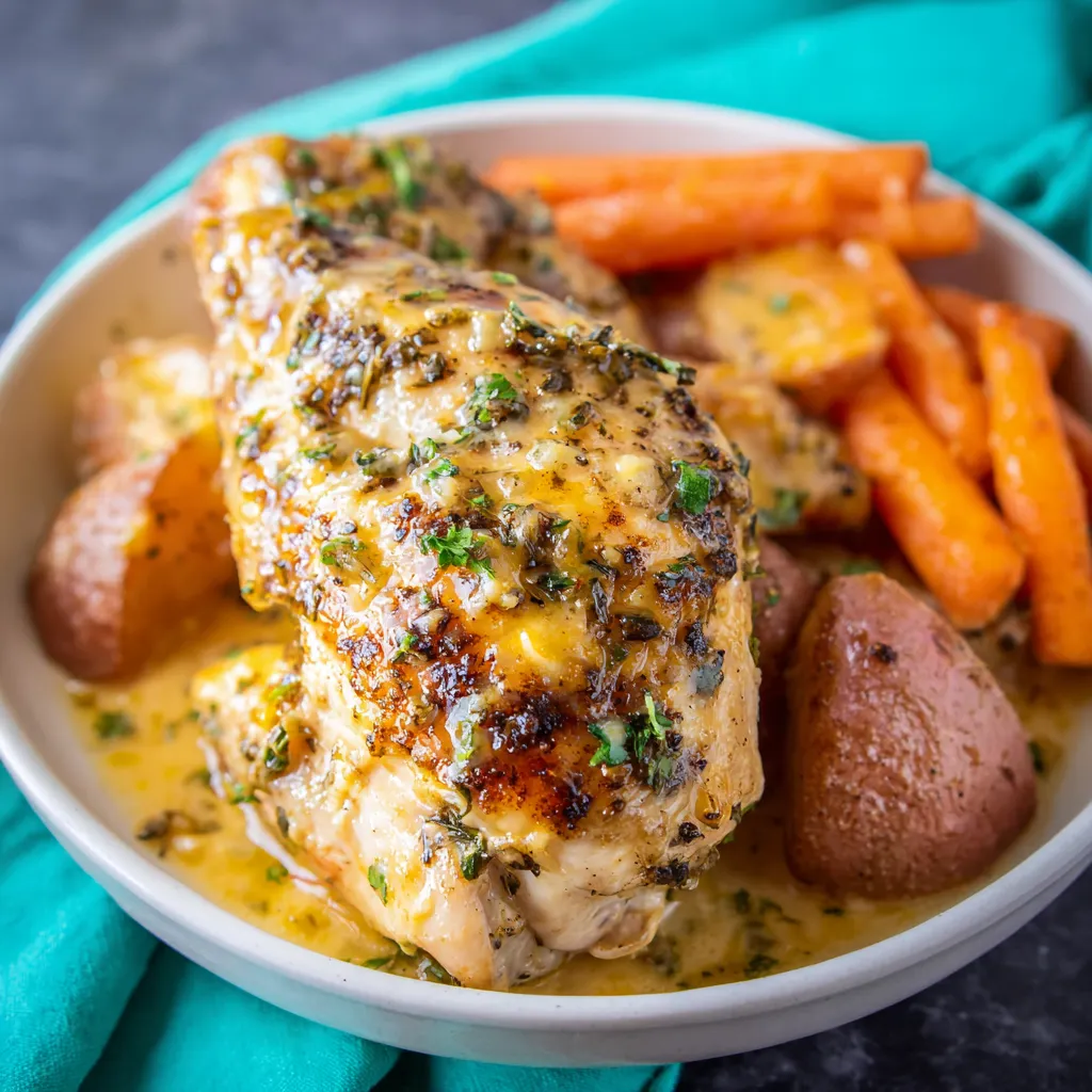 A plate of cooked chicken with carrots and potatoes.
