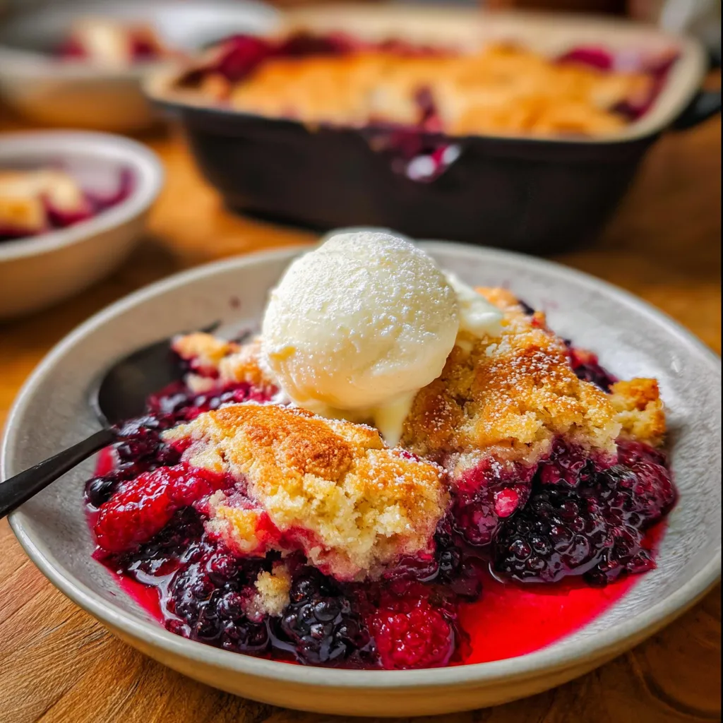 A bowl of berry cobbler with a scoop of ice cream on top.
