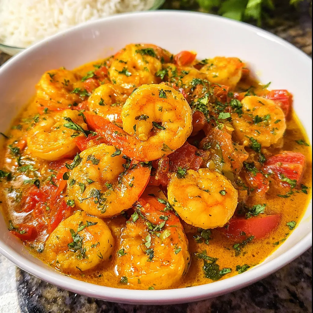 A bowl of shrimp curry with rice.