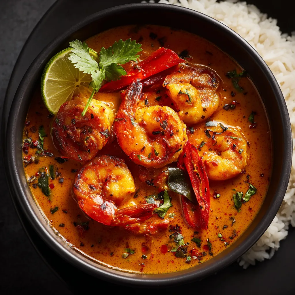 A bowl of shrimp curry with rice.