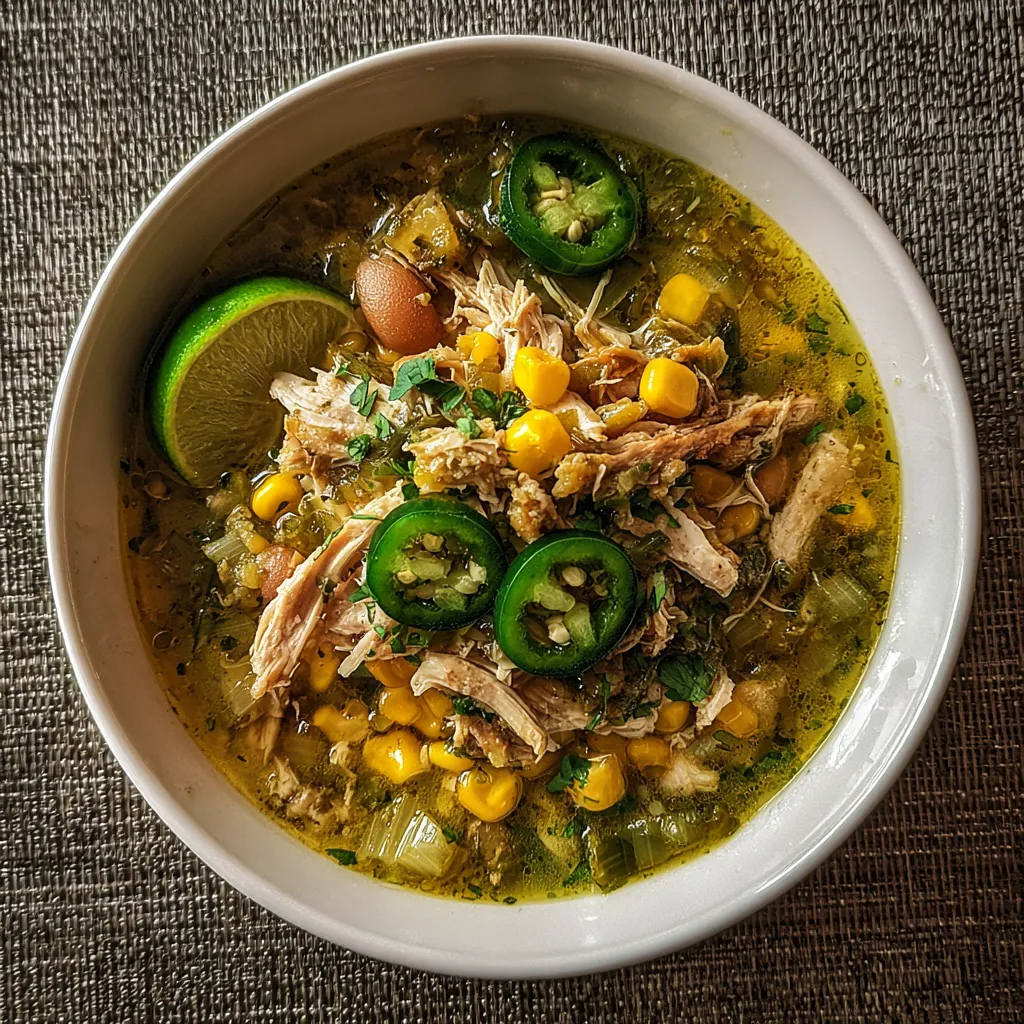 A bowl of chicken chili verde with green peppers and jalapenos.