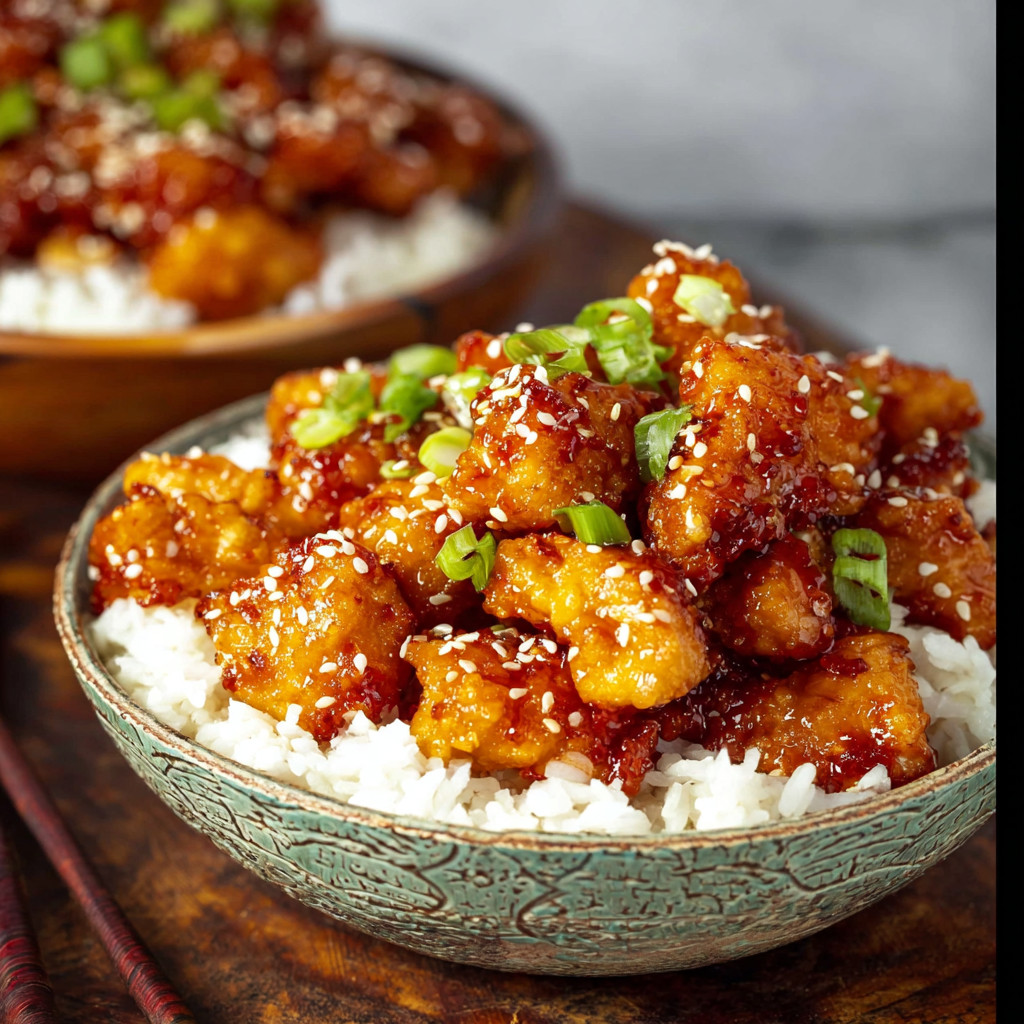 A bowl of Sesame Chicken with rice.