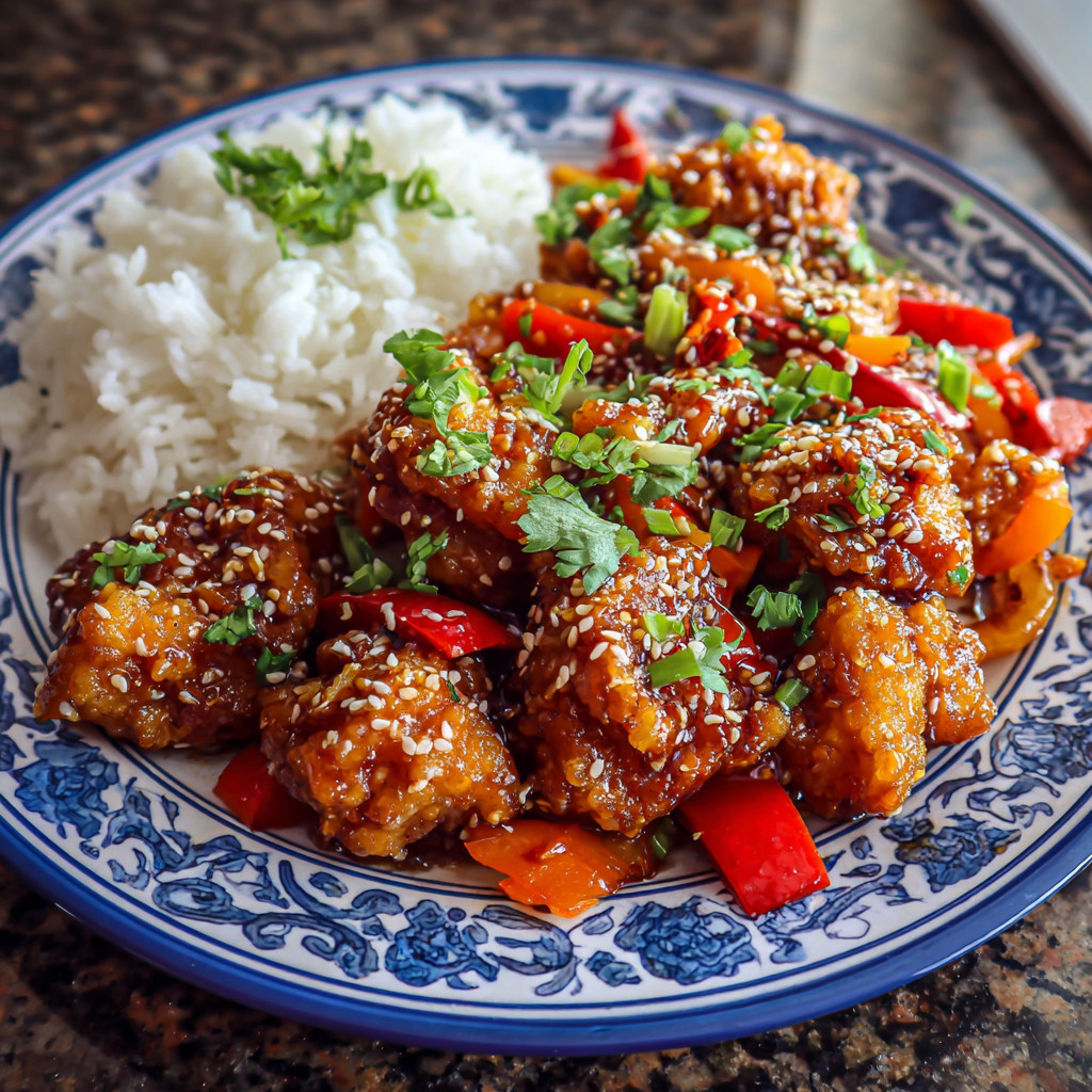 A plate of Sesame Chicken with rice and peppers.