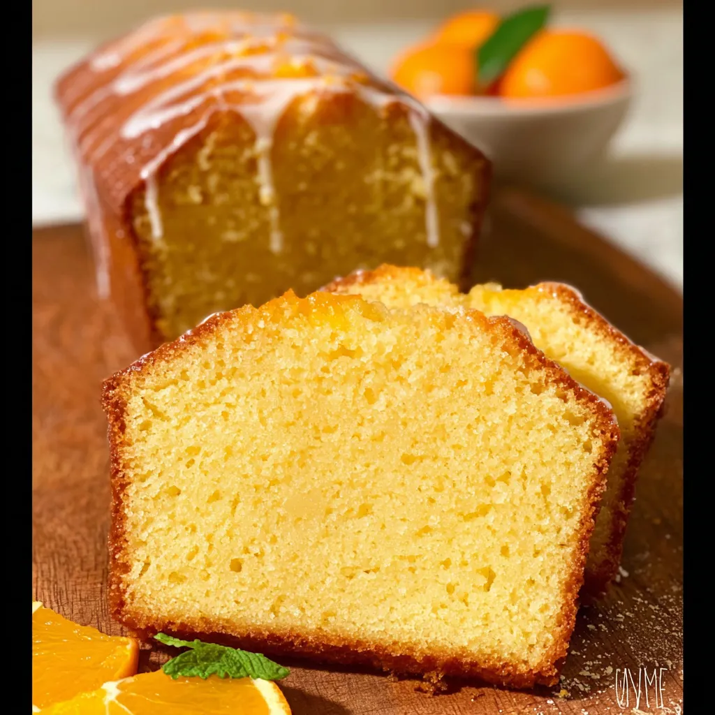 A slice of orange pound cake on a wooden cutting board.