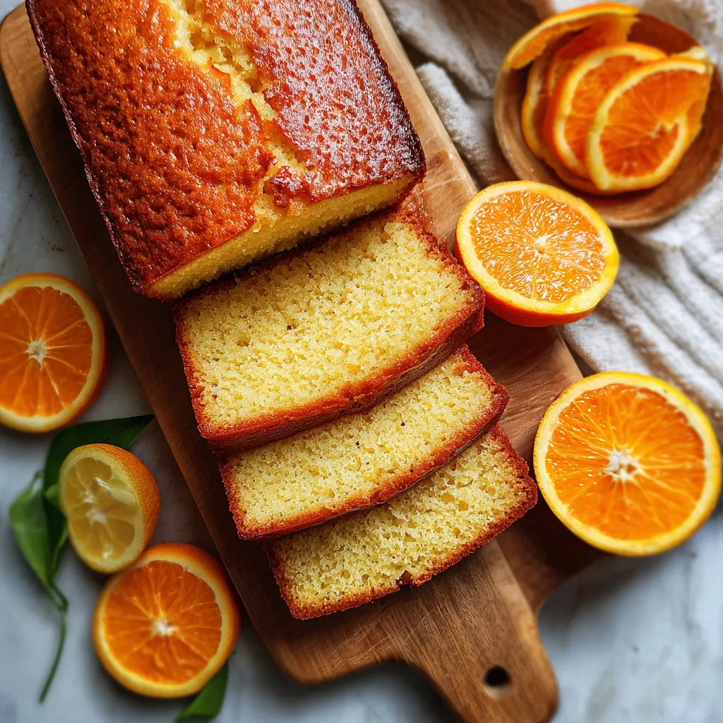 A slice of orange pound cake on a wooden cutting board.