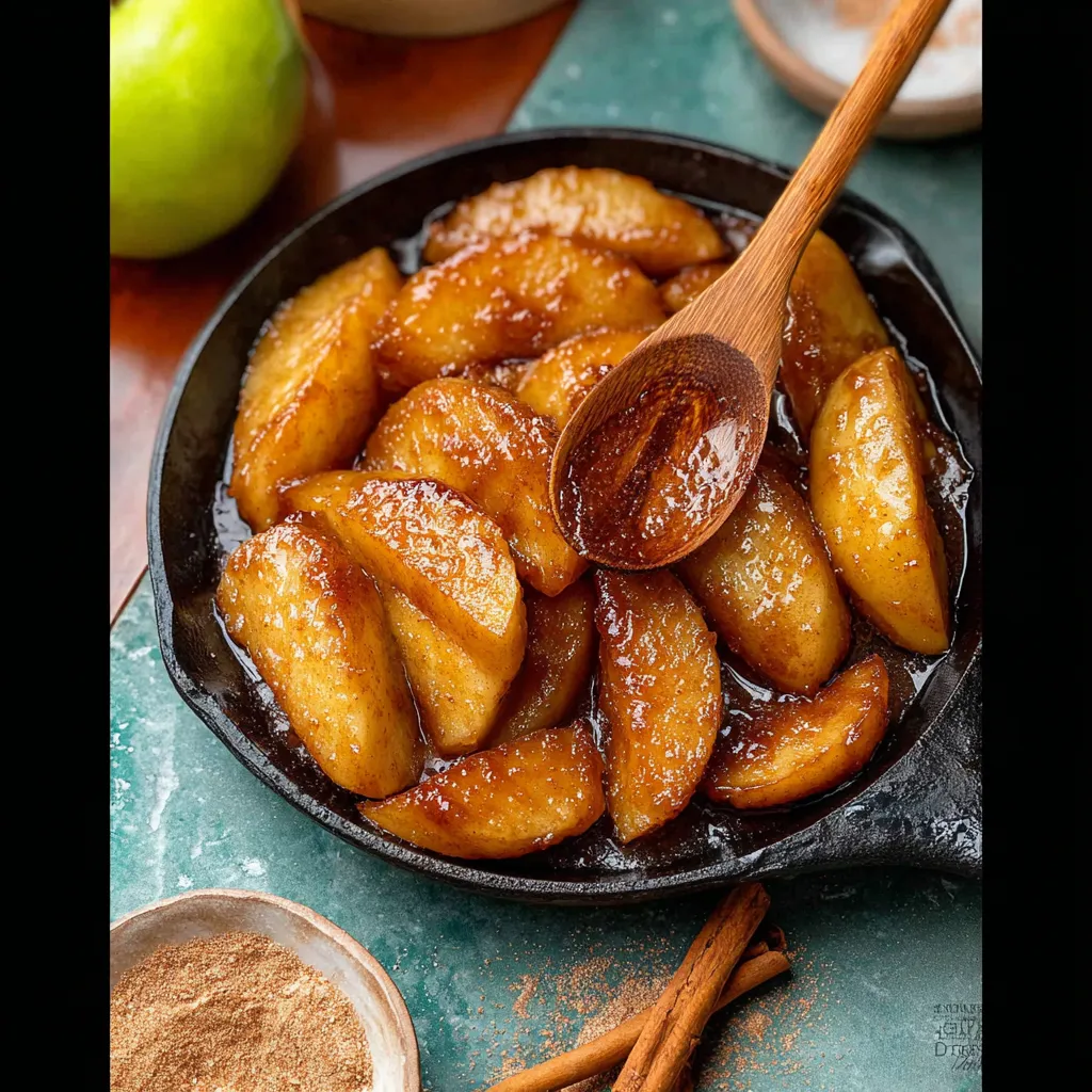 A bowl of fried apples with a spoon in it.