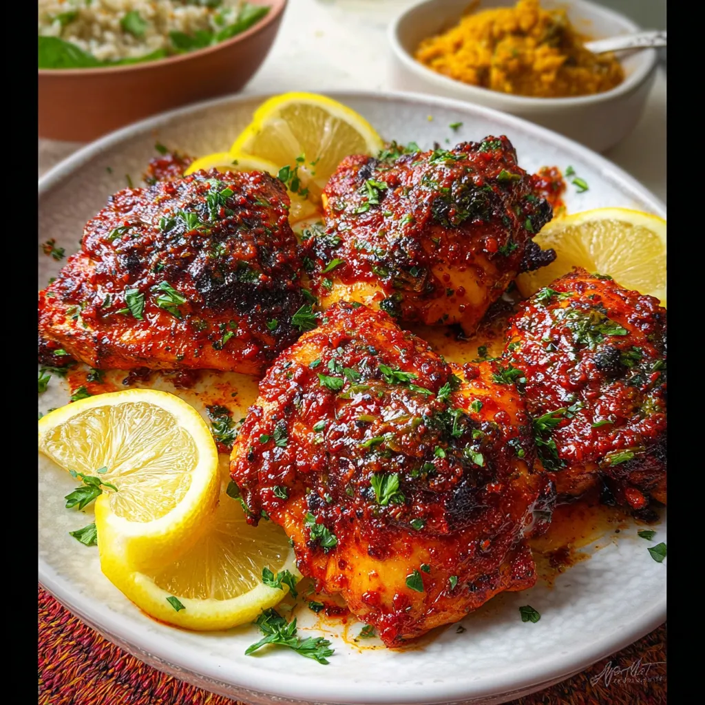 A plate of chicken with harissa sauce.