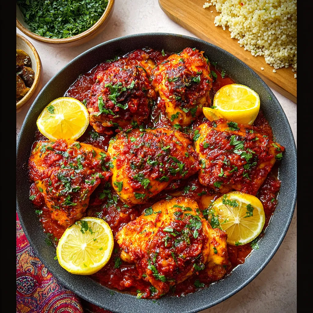 A plate of chicken with harissa sauce.