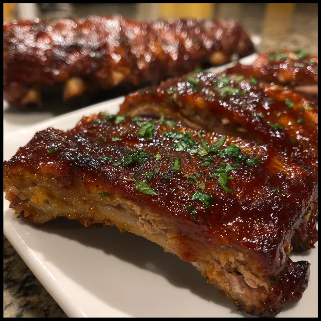 A plate of ribs with sauce on it.