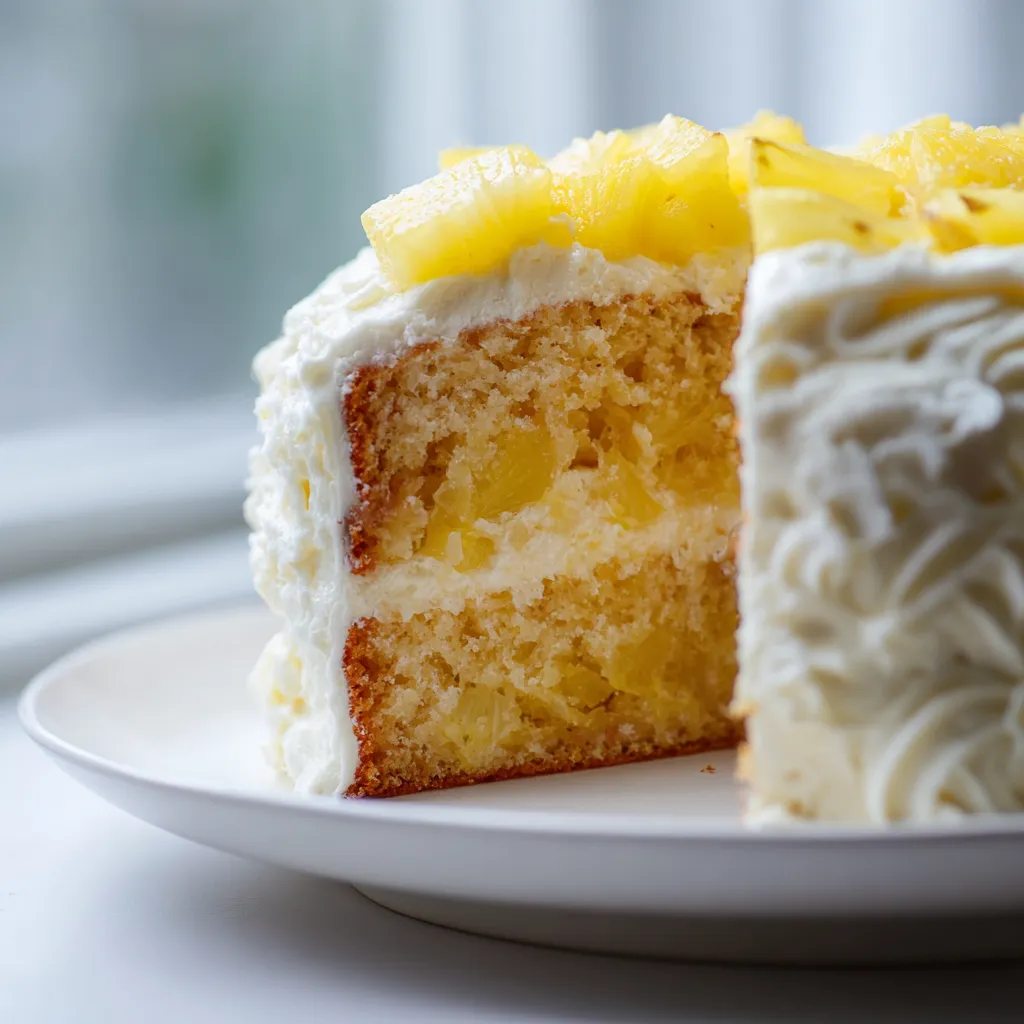 A slice of pineapple cake on a plate.