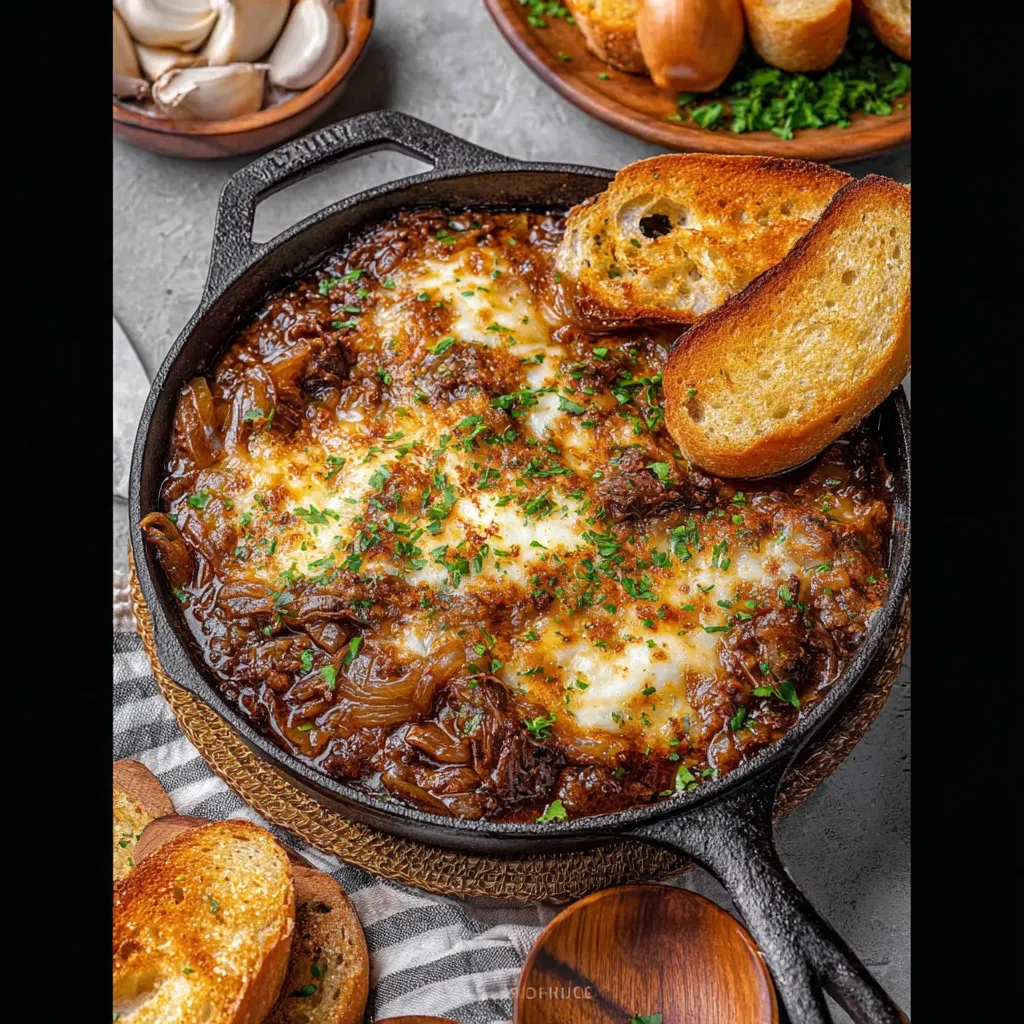 A French onion pot roast with bread.