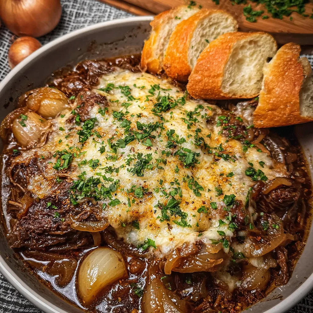 A bowl of French Onion Pot Roast.