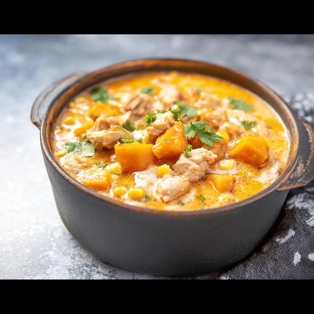 A close up of a slow cooker chicken and sweet potato chowder.