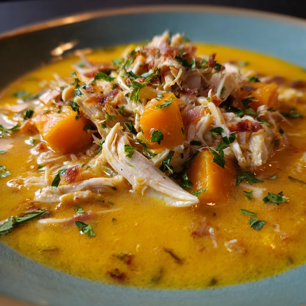 A bowl of chicken and sweet potato chowder.
