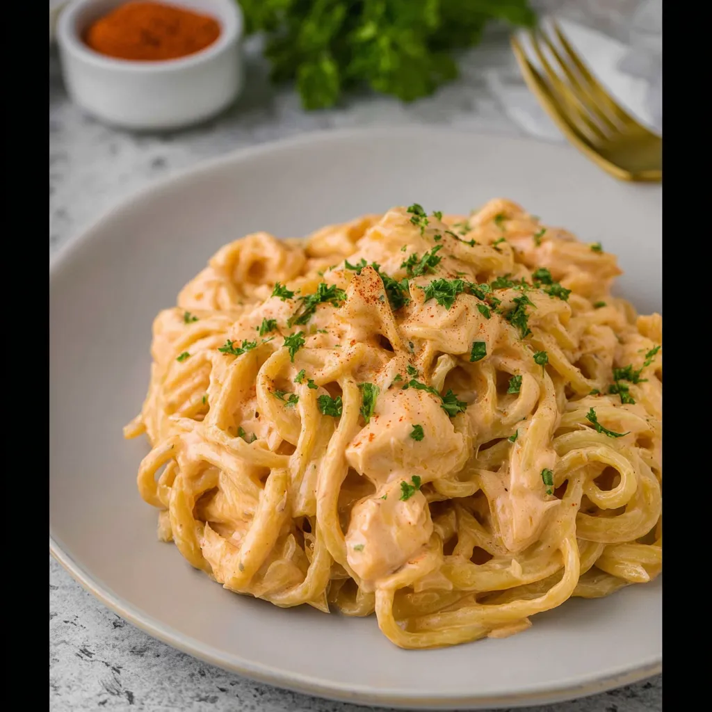 A plate of pasta with chicken and cheese.