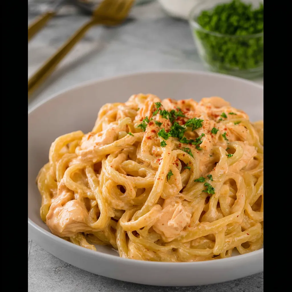 A bowl of pasta with chicken and cheese.