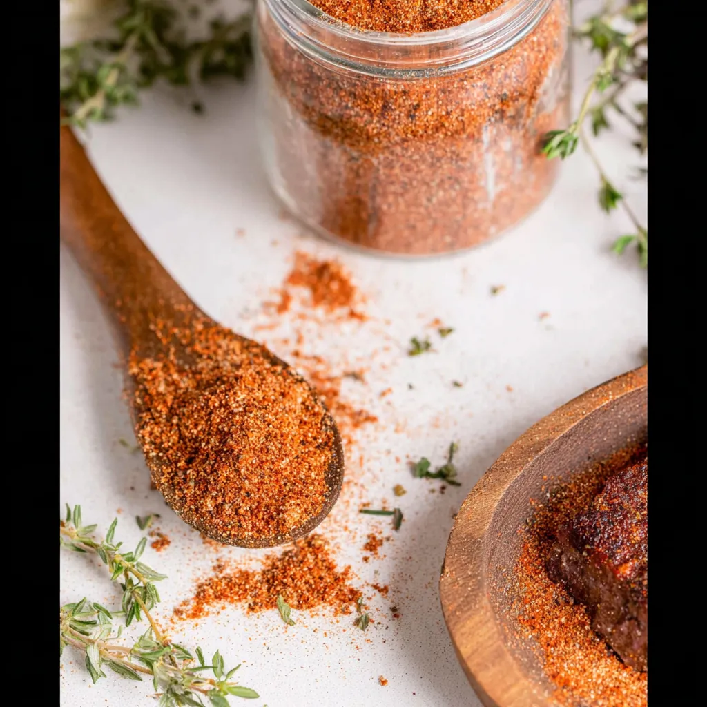 A jar of homemade blackening seasoning with a wooden spoon inside.
