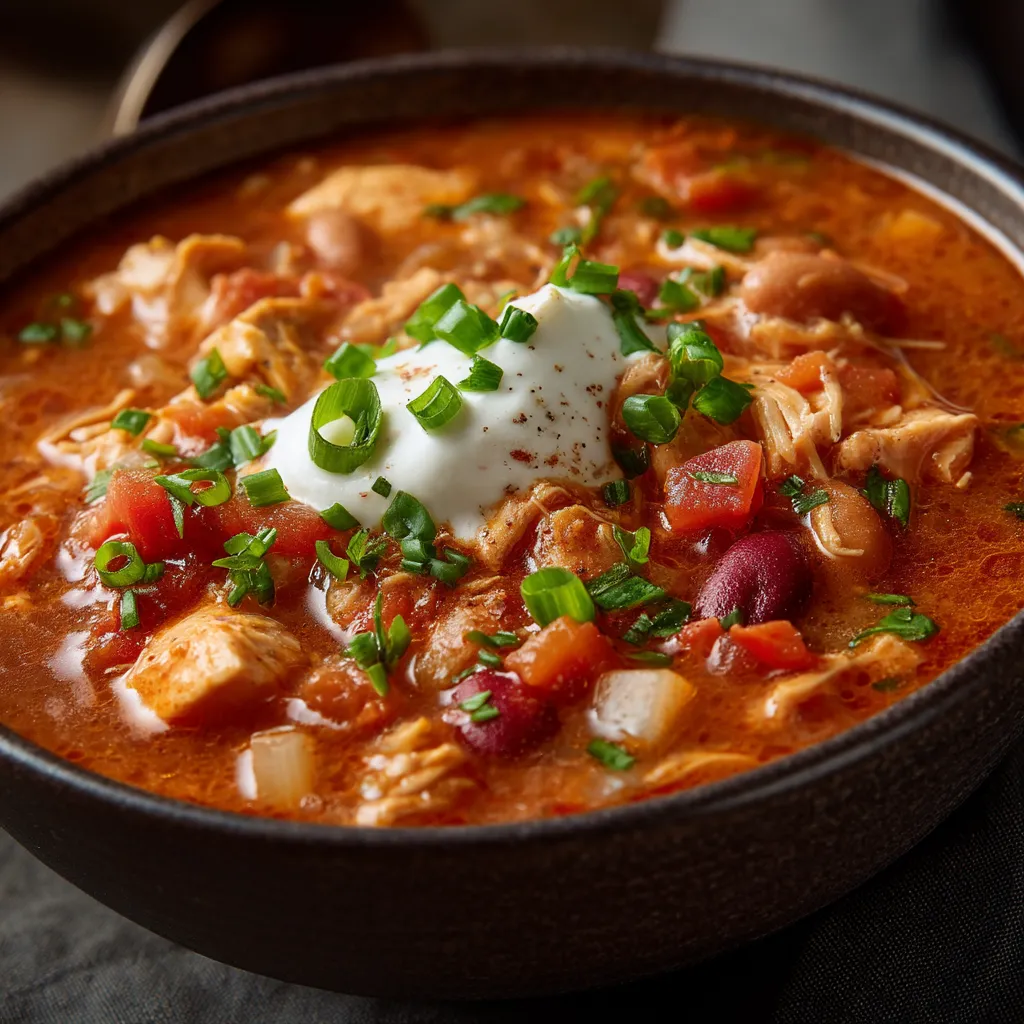 A bowl of chili with chicken and vegetables.