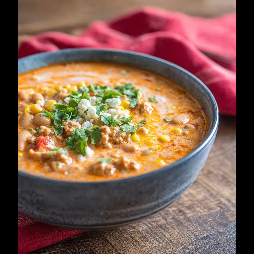 A bowl of chili with corn and beans.