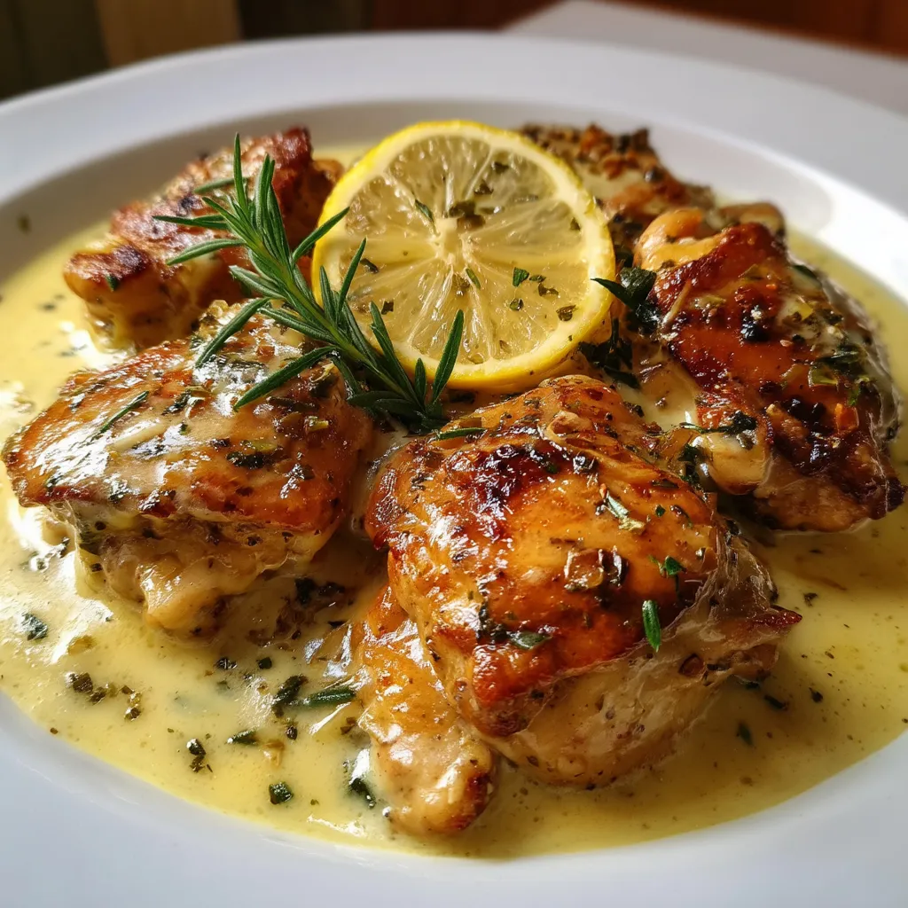 Chicken thighs with a creamy lemon sauce.
